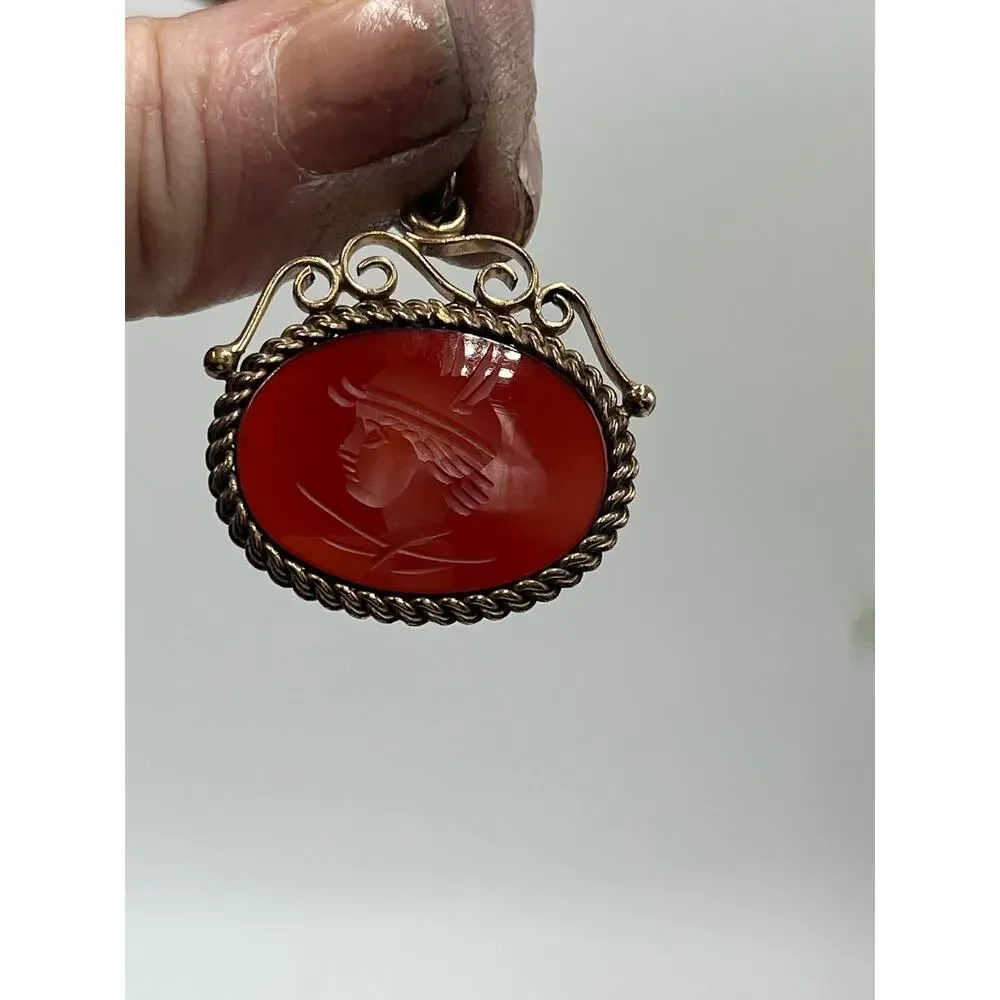 Antique Victorian Gold‎ Filled  Carnelian Intaglio Centurion Roman Pendant